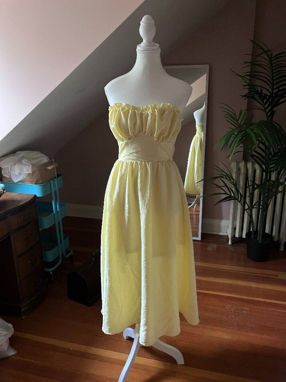 Yellow ruched strapless maxi dress ruffled peasant milkmaid style long gown